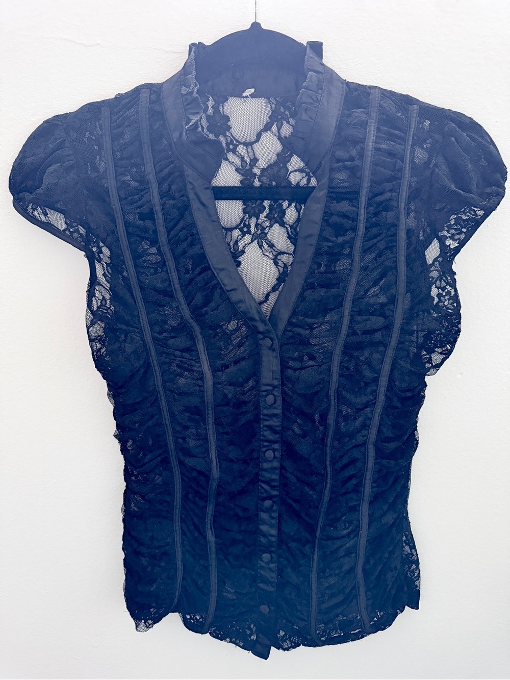 Black Lace Button-Front Cap Sleeve Blouse